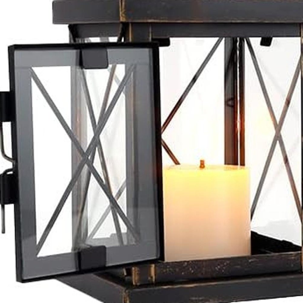 Set of Two Black And Clear Distressed Glass And Metal Tabletop Lantern Candle Holders