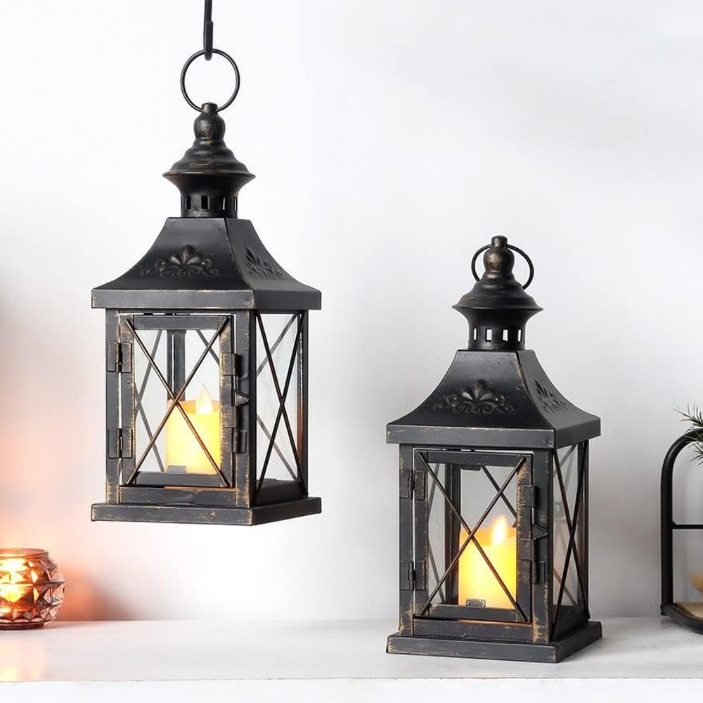 Set of Two Black And Clear Distressed Glass And Metal Tabletop Lantern Candle Holders