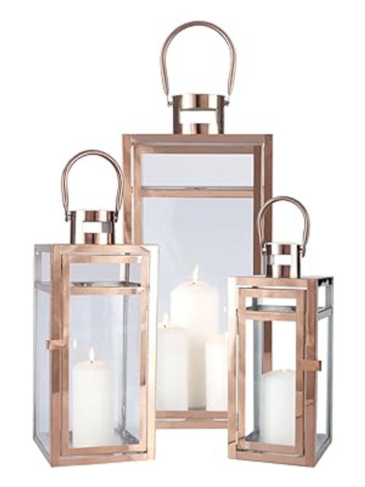Set of Three Gold Distressed Glass Tabletop Lantern Candle Holders