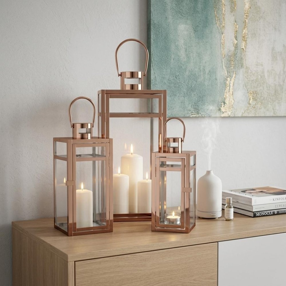 Set of Three Gold Distressed Glass Tabletop Lantern Candle Holders