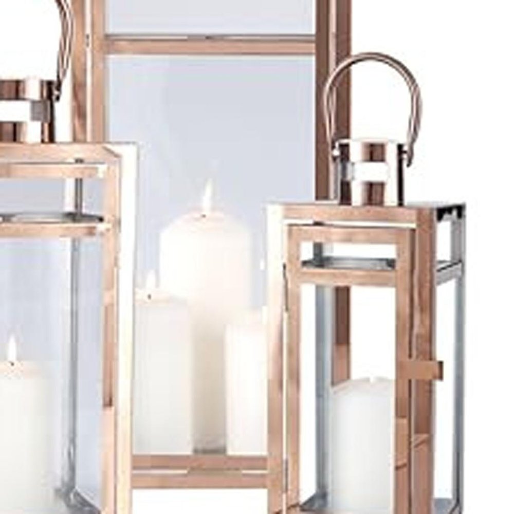 Set of Three Gold Distressed Glass Tabletop Lantern Candle Holders