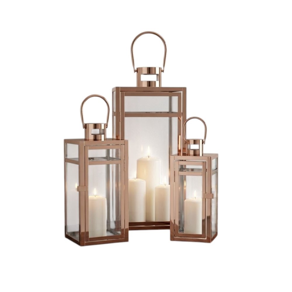 Set of Three Gold Distressed Glass Tabletop Lantern Candle Holders