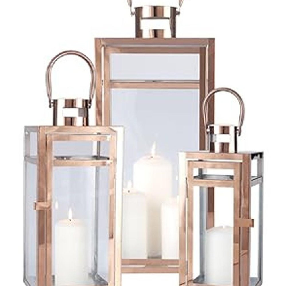 Set of Three Gold Distressed Glass Tabletop Lantern Candle Holders