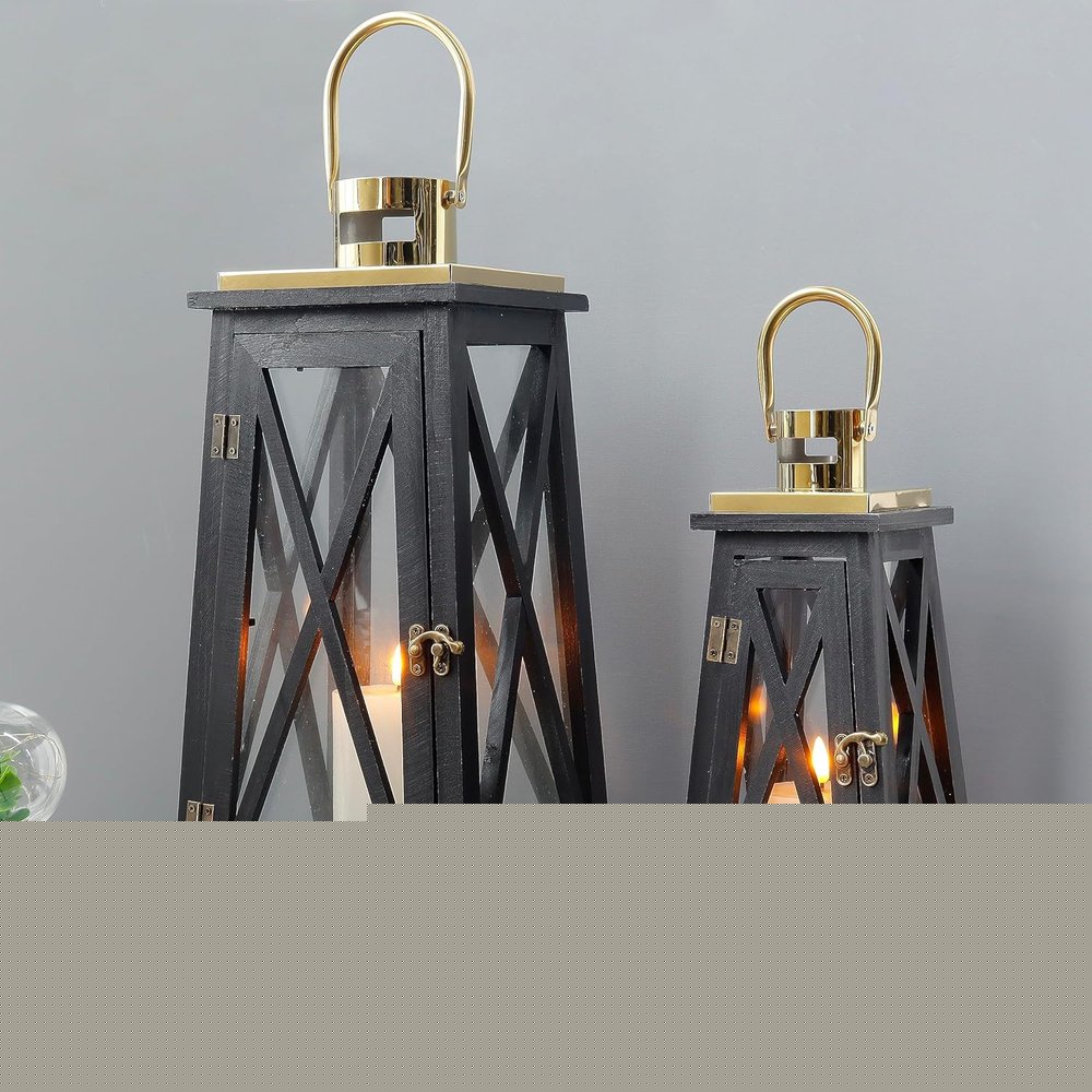 Set of Two Black Distressed Glass Tabletop Lantern Candle Holders