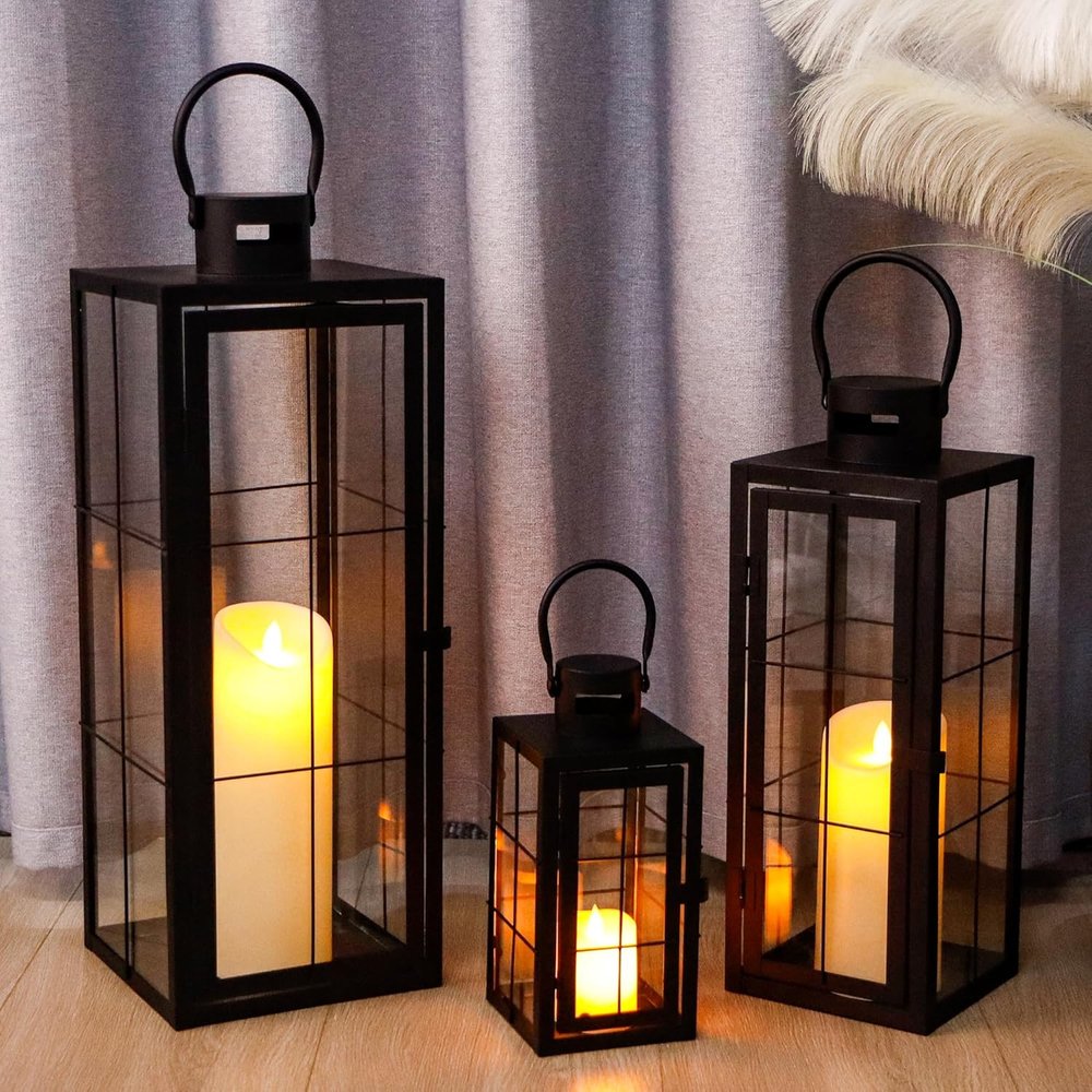 Set of Three Black Distressed Glass Tabletop Lantern Candle Holders