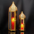 Set of Two Gold Distressed Glass Tabletop Lantern Candle Holders