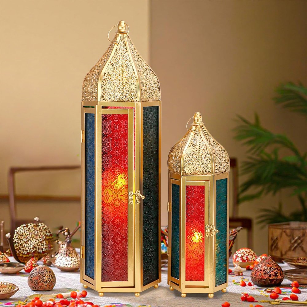 Set of Two Gold Distressed Glass Tabletop Lantern Candle Holders