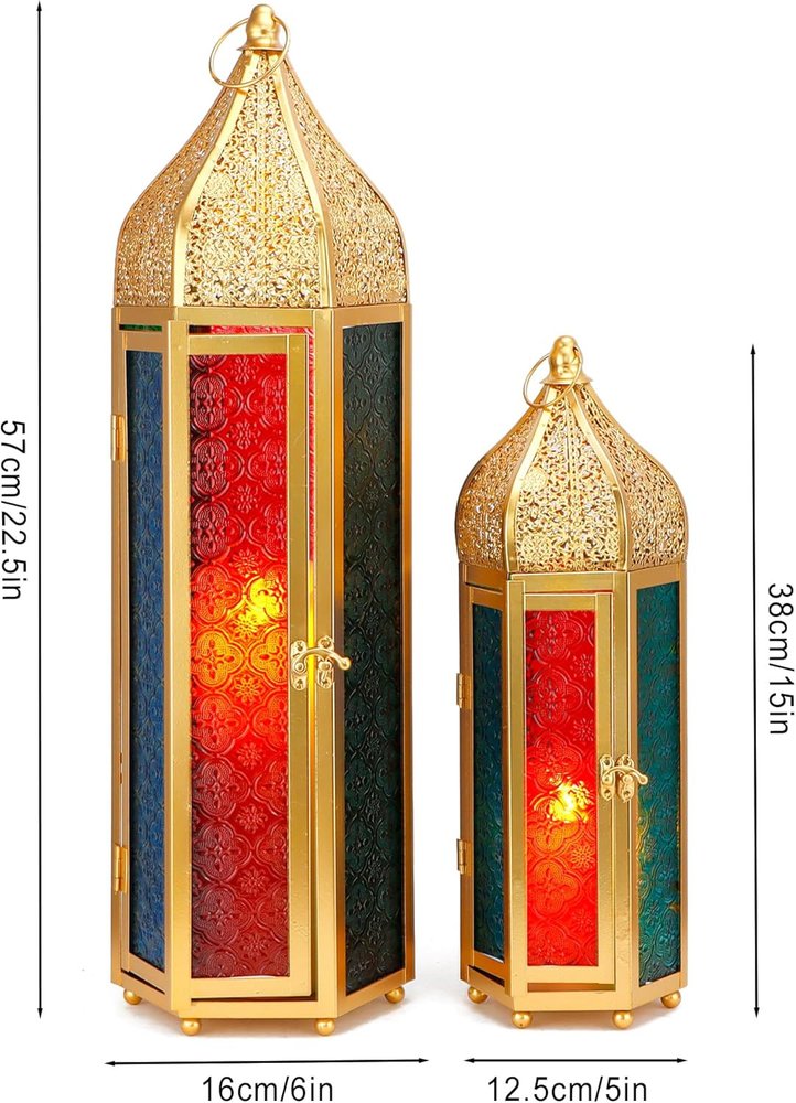 Set of Two Gold Distressed Glass Tabletop Lantern Candle Holders