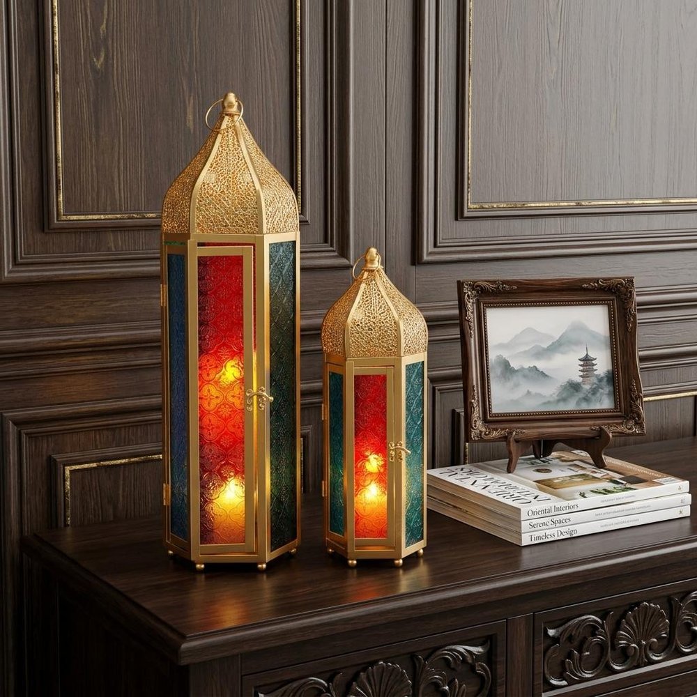 Set of Two Gold Distressed Glass Tabletop Lantern Candle Holders