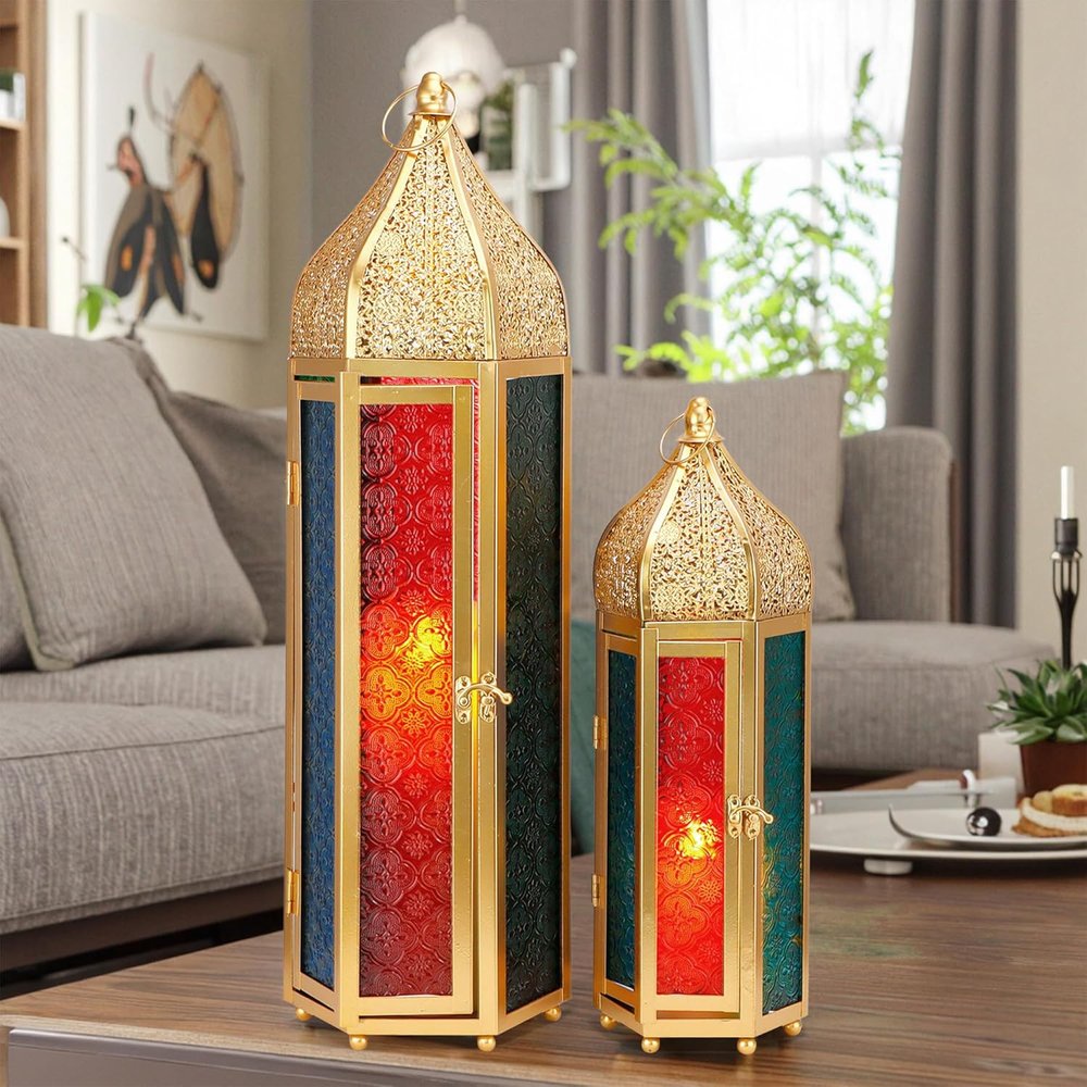 Set of Two Gold Distressed Glass Tabletop Lantern Candle Holders