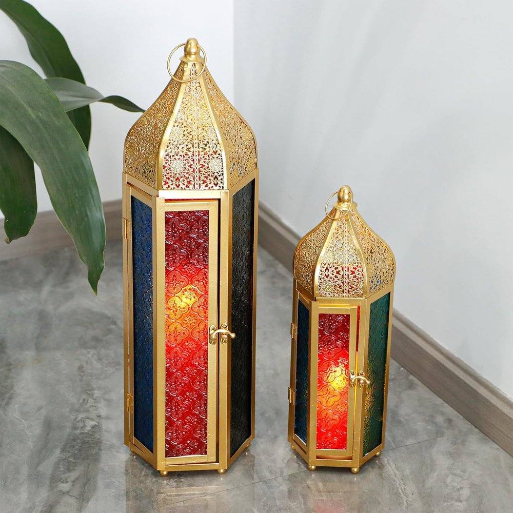 Set of Two Gold Distressed Glass Tabletop Lantern Candle Holders