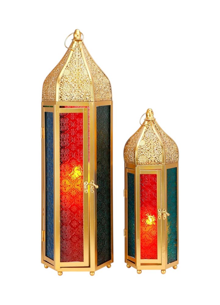 Set of Two Gold Distressed Glass Tabletop Lantern Candle Holders