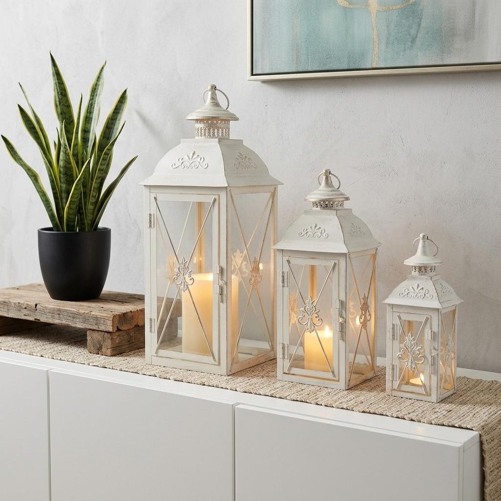 Set of Three White Distressed Glass Tabletop Lantern Candle Holders