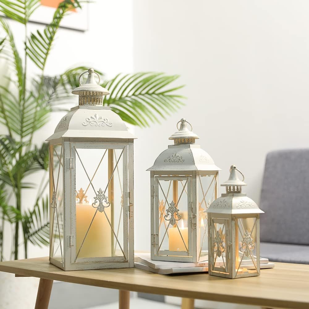 Set of Three White Distressed Glass Tabletop Lantern Candle Holders