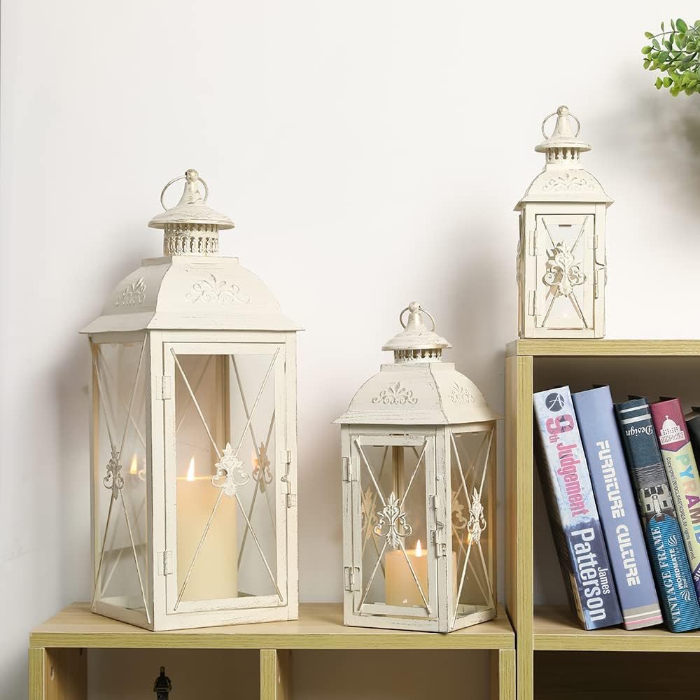 Set of Three White Distressed Glass Tabletop Lantern Candle Holders