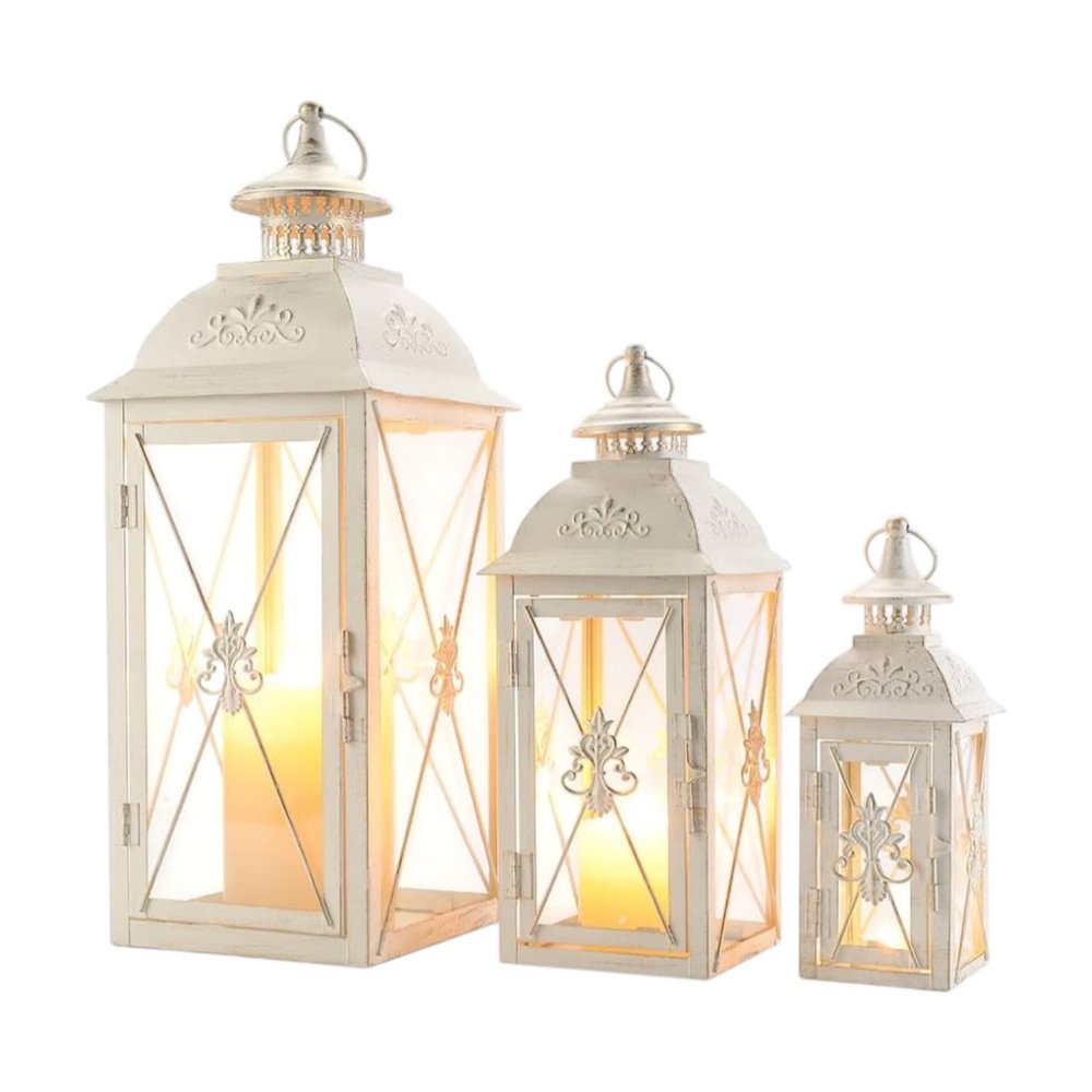 Set of Three White Distressed Glass Tabletop Lantern Candle Holders