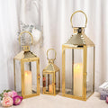 Set of Three Gold Distressed Glass Tabletop Lantern Candle Holders
