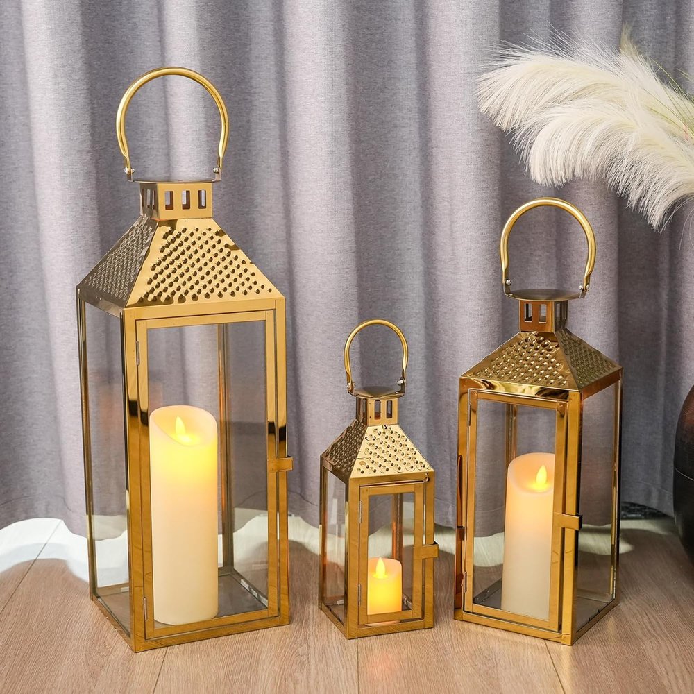 Set of Three Gold Distressed Glass Tabletop Lantern Candle Holders
