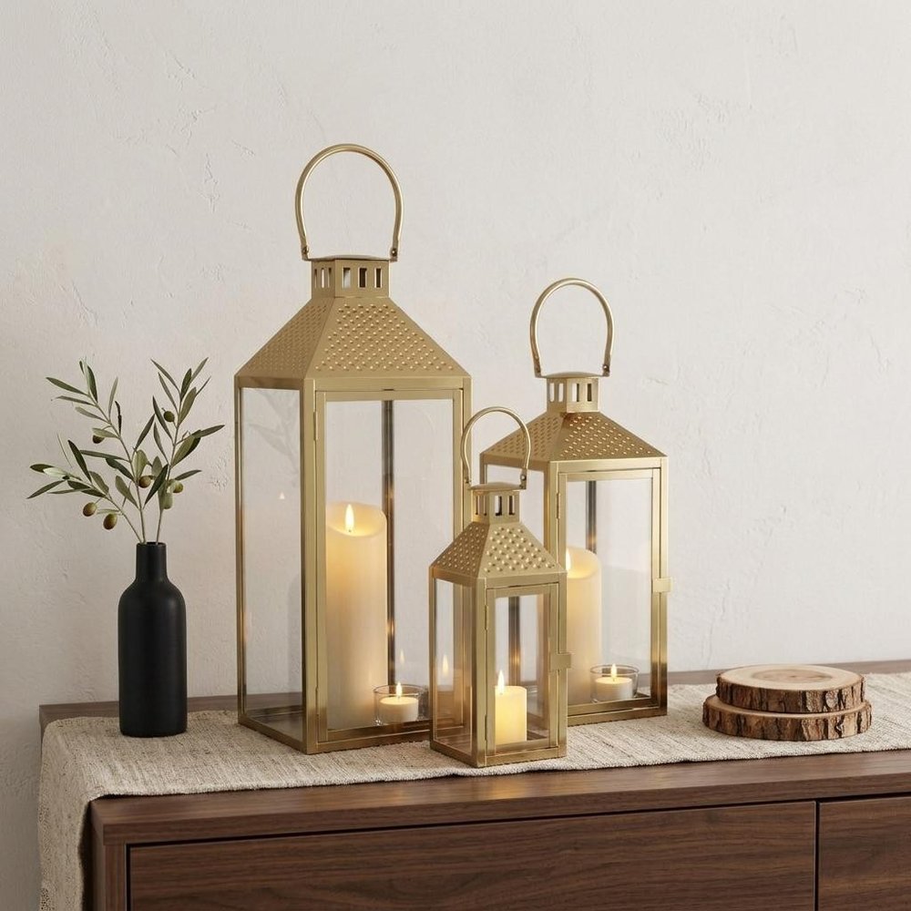 Set of Three Gold Distressed Glass Tabletop Lantern Candle Holders