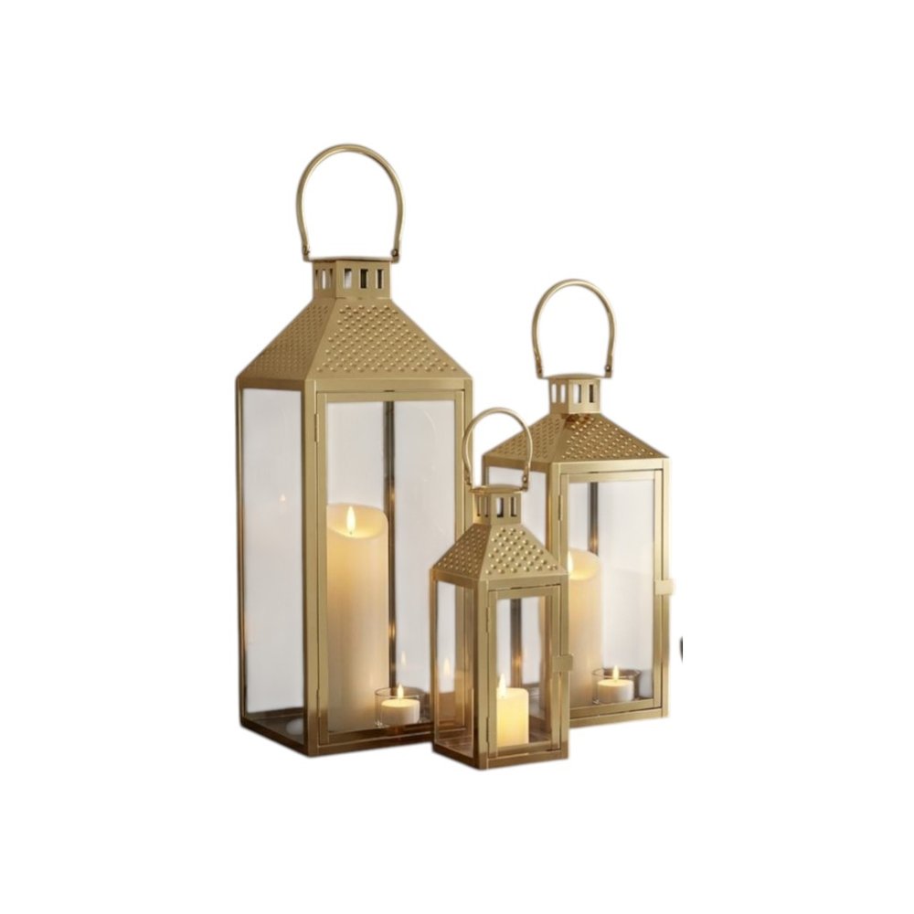 Set of Three Gold Distressed Glass Tabletop Lantern Candle Holders