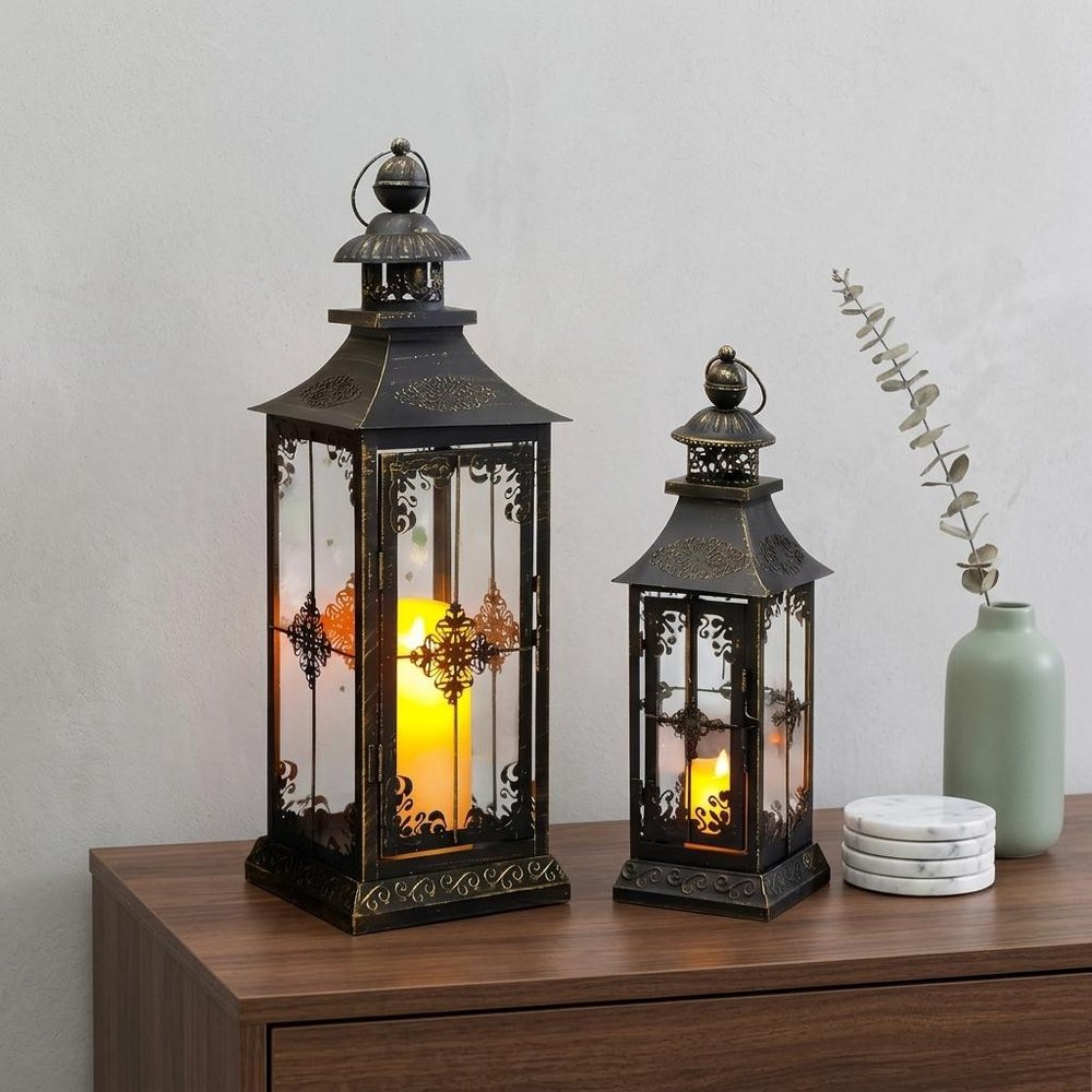 Set of Two Black Distressed Glass Tabletop Lantern Candle Holders