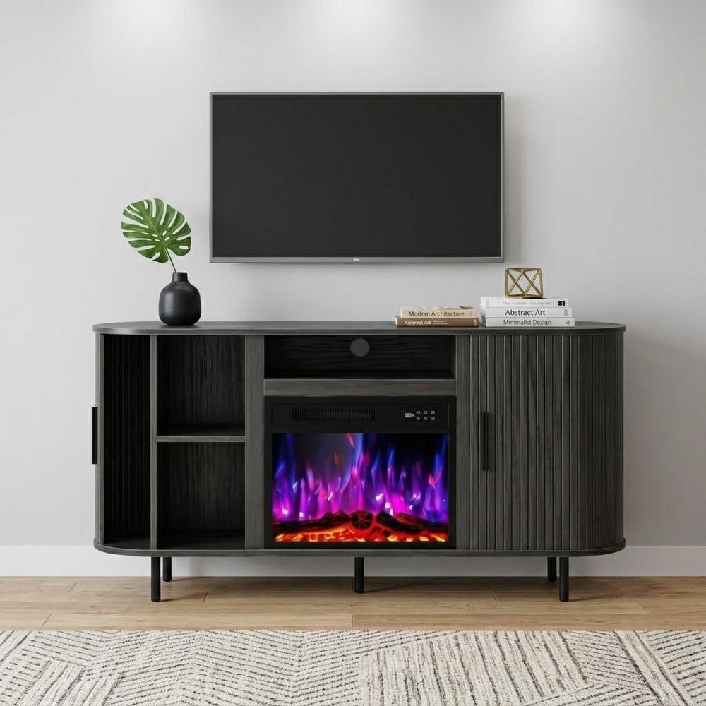 65" Black Wood Fireplace TV Stand With Fireplace