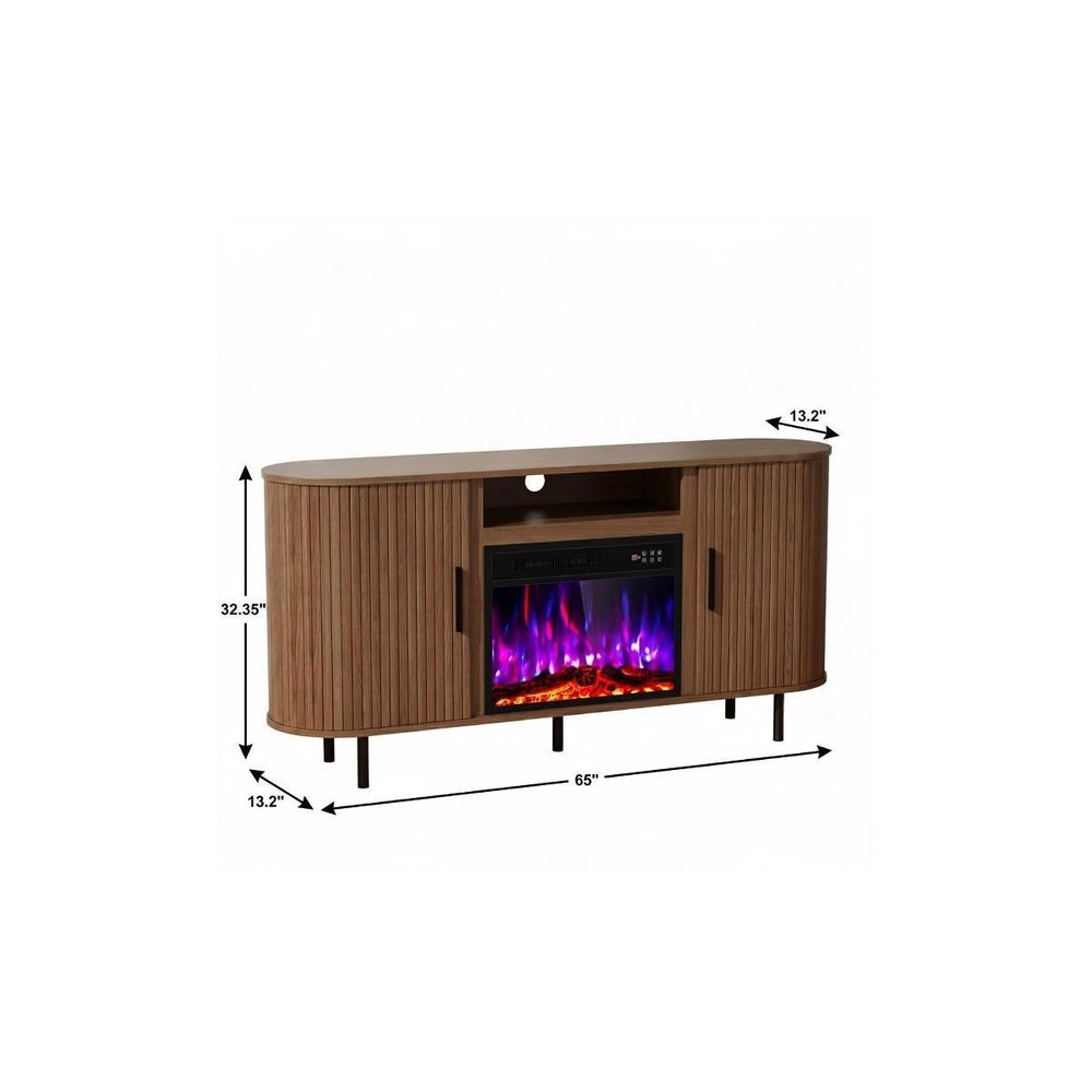 65" Brown Wood Fireplace TV Stand With Fireplace