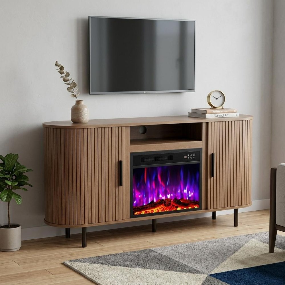 65" Brown Wood Fireplace TV Stand With Fireplace
