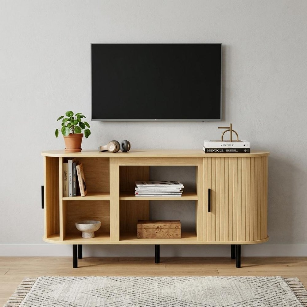 55" Beige Wood Fireplace TV Stand With Fireplace