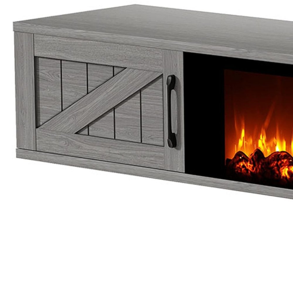 67" Gray Wood Floating Mount TV Stand With Fireplace