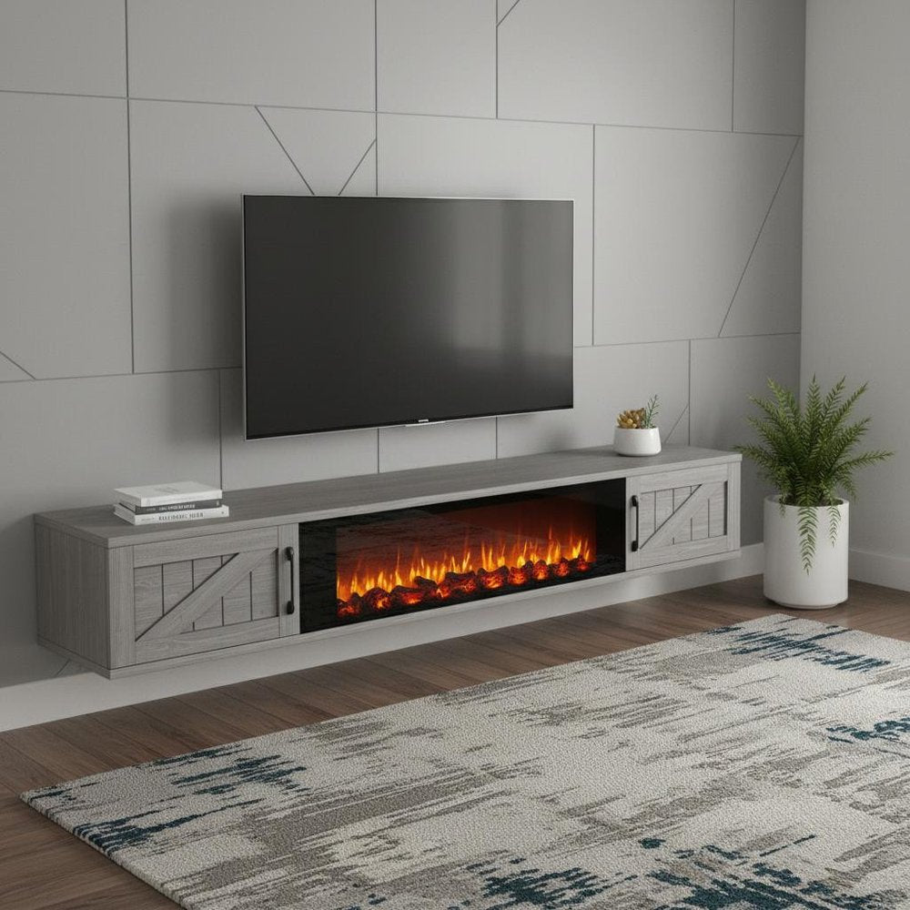67" Gray Wood Floating Mount TV Stand With Fireplace