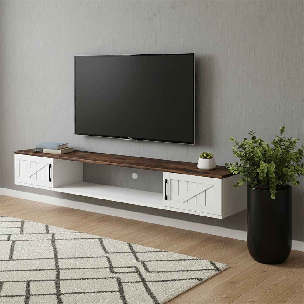 67" White Wood Floating Mount TV Stand With Fireplace