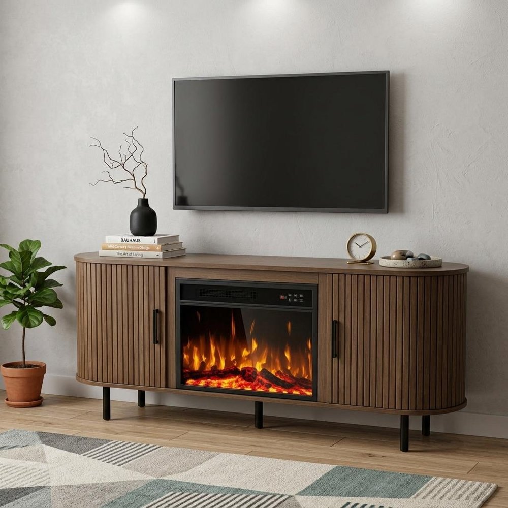 65" Brown Wood Fireplace TV Stand With Fireplace