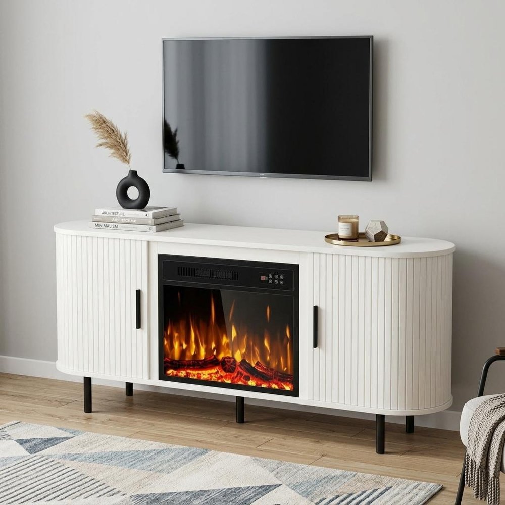 65" White Wood Fireplace TV Stand With Fireplace