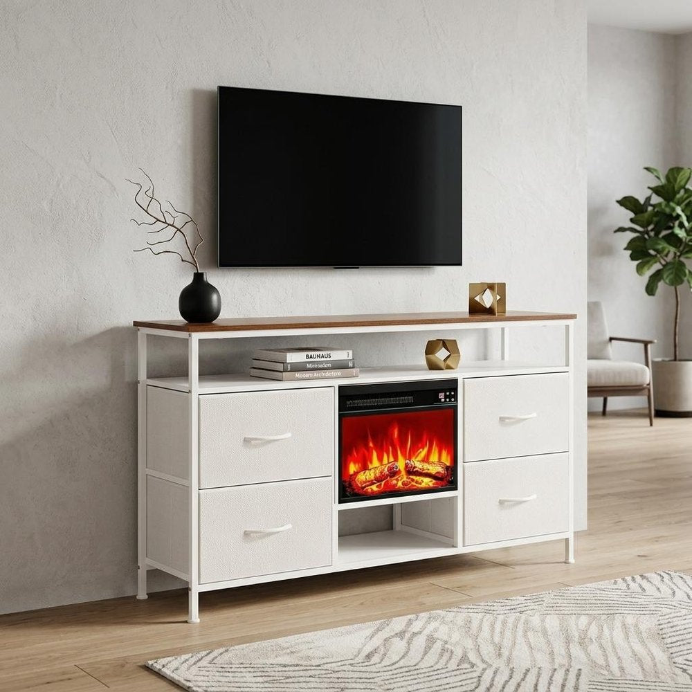 43" White Wood Fireplace TV Stand With Fireplace