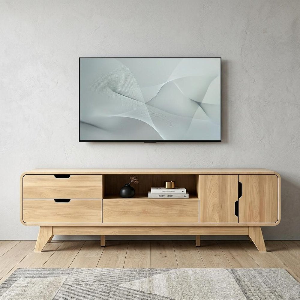 62" Beige Wood Enclosed and Open Storage TV Stand With Fireplace