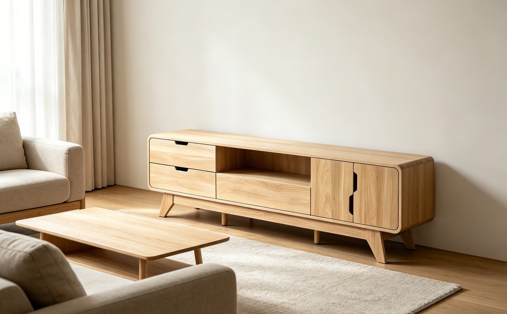 62" Beige Wood Enclosed and Open Storage TV Stand With Fireplace