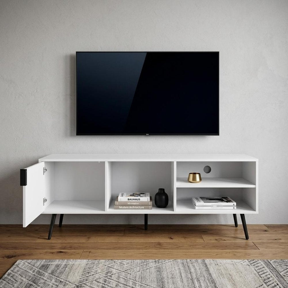 63" White Wood Enclosed and Open Storage Entertainment Center
