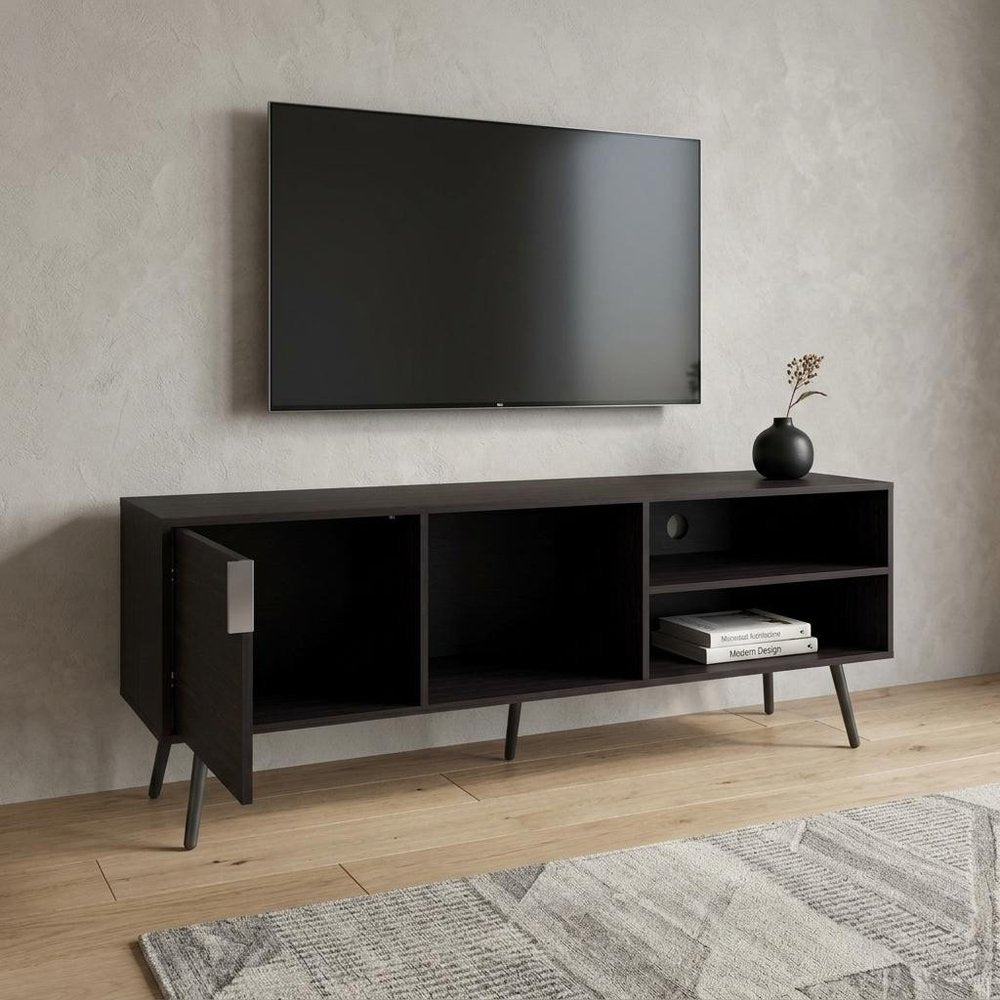 63" Black Wood Enclosed and Open Storage Entertainment Center