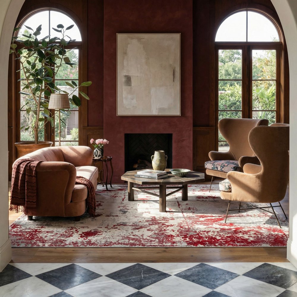 9' X 13' Red And Gray Abstract Area Rug