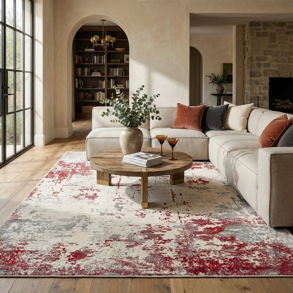 9' X 13' Red And Gray Abstract Area Rug