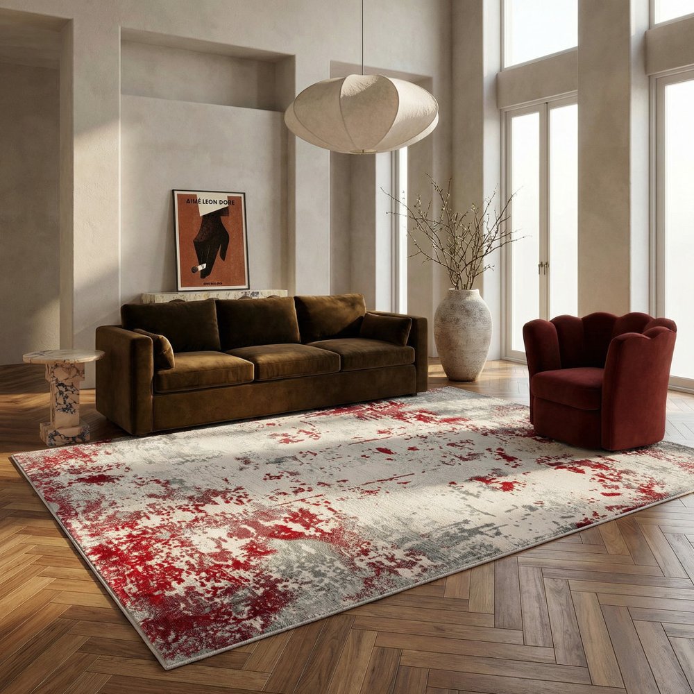 9' X 13' Red And Gray Abstract Area Rug