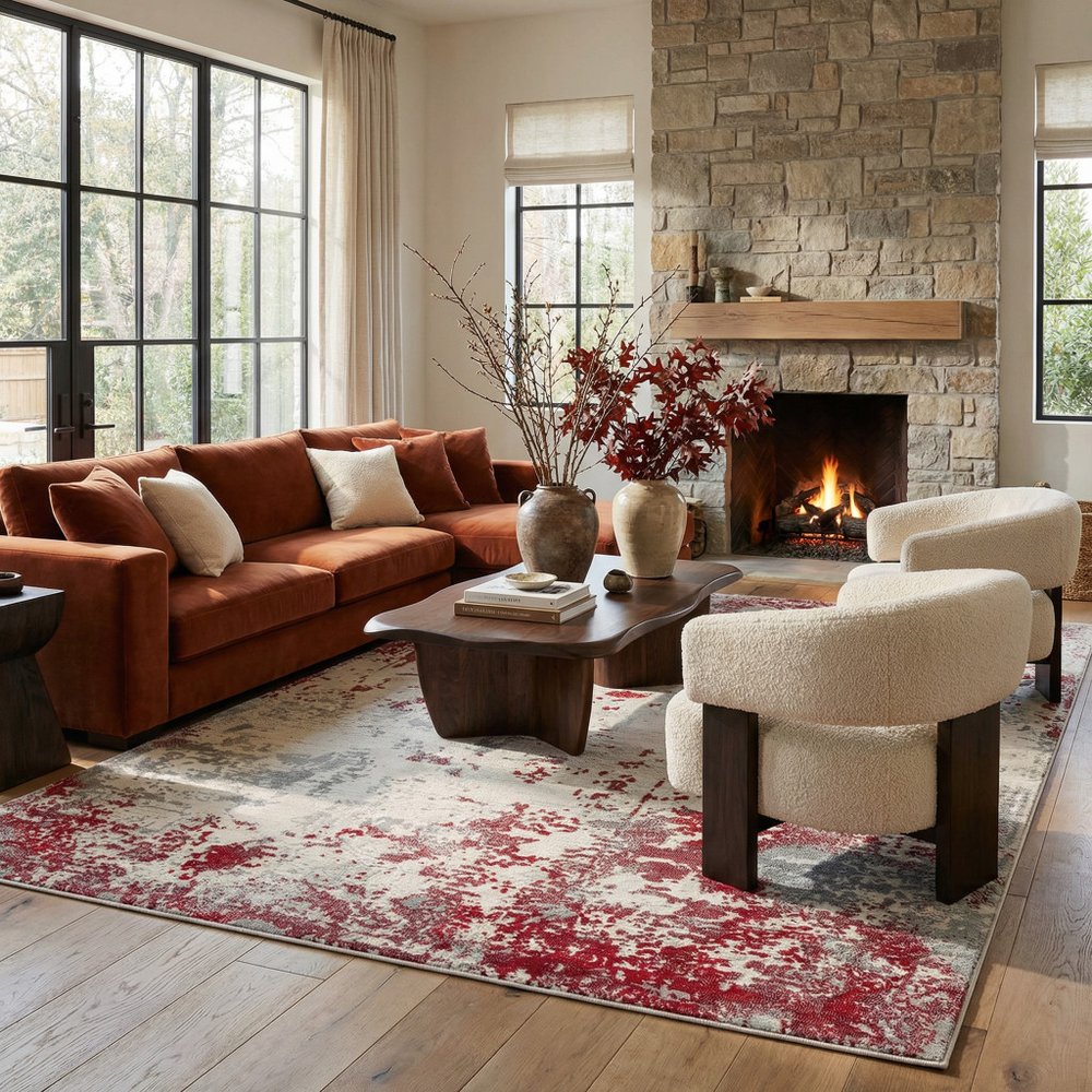9' X 13' Red And Gray Abstract Area Rug
