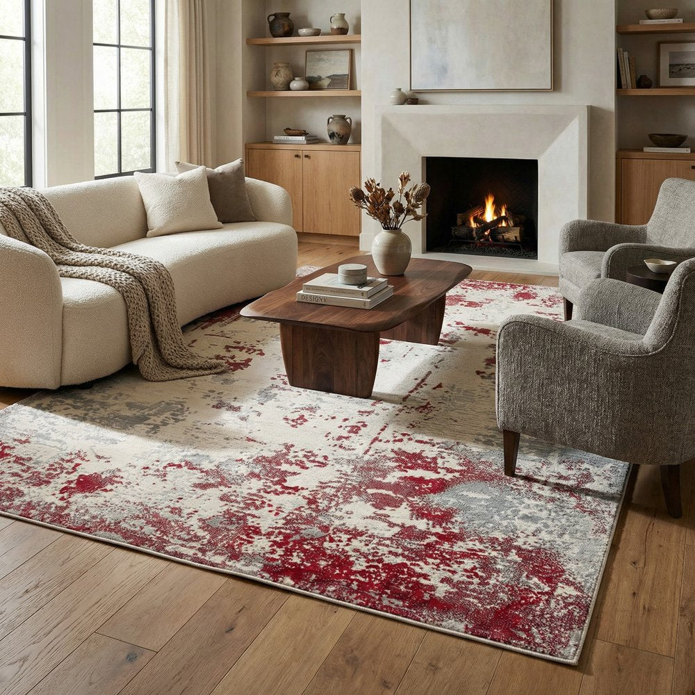 9' X 13' Red And Gray Abstract Area Rug