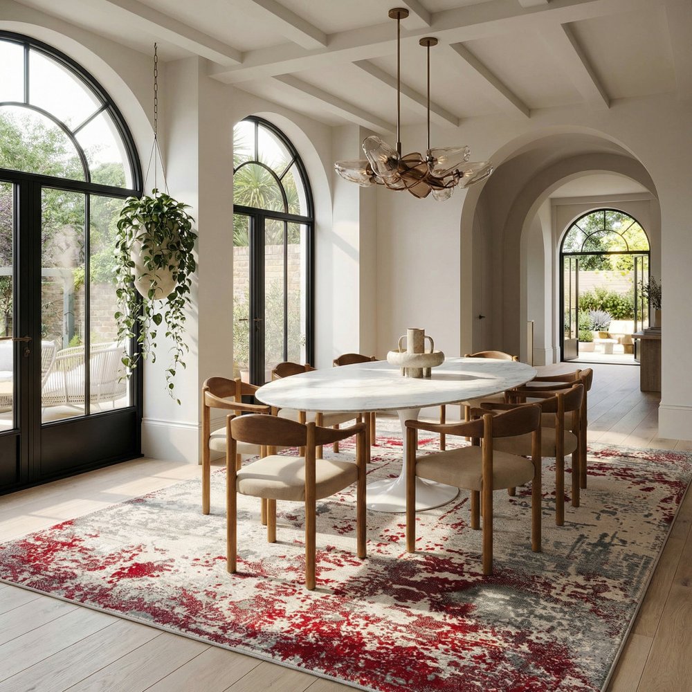 9' X 13' Red And Gray Abstract Area Rug