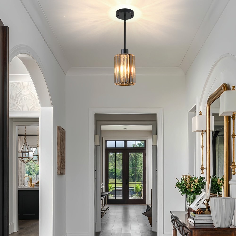 Ash Gray Crystal and Metal Mercury Glass Flush Chandelier With Gold Shades