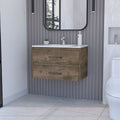 32" Dark Brown Wood Floating Bathroom Vanity With White Sink And Two Drawers
