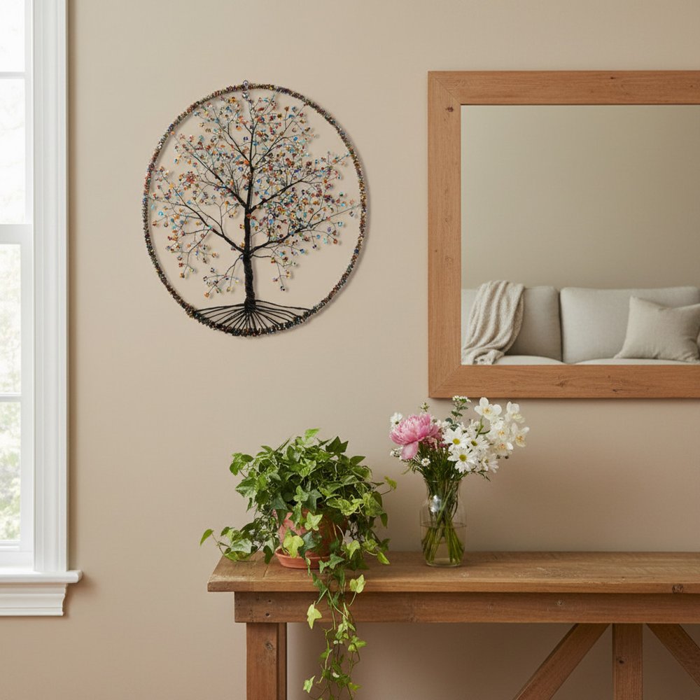 19" X 17" Antiqued Bronze Blue And Red Iron And Bead Hanging Dimensional Sculpture